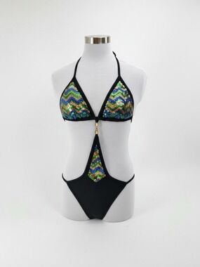 COOGI Sequin Monokini Swimsuit Size S Black Gold Green Blue Y2K Cutout Swim